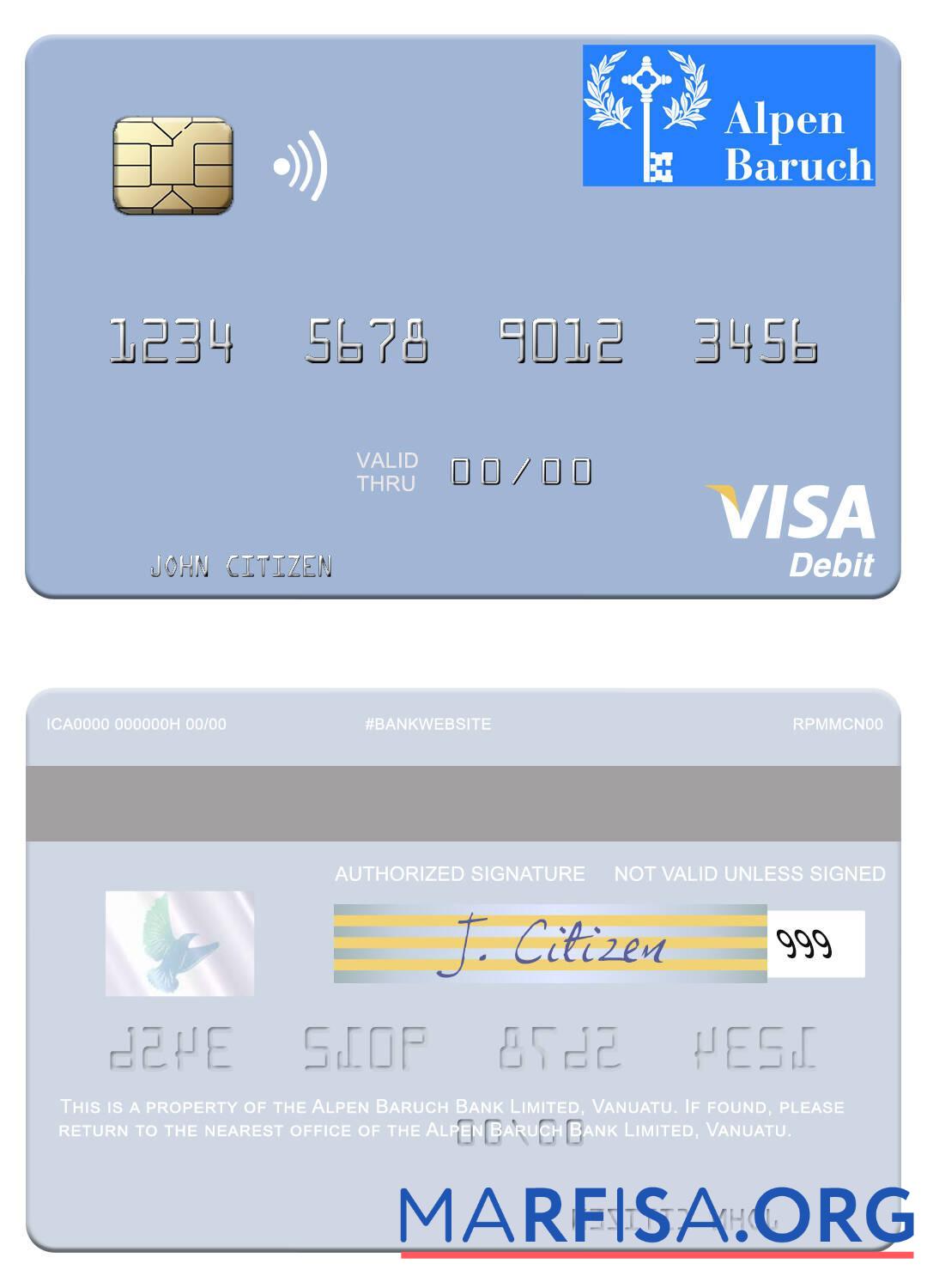 Printable Vanuatu Alpen Baruch Bank Limited visa debit card sample